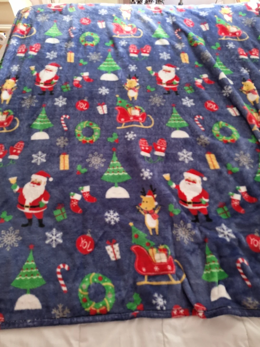 Christmas Santa & Reindeer Plush Throw Blanket - Navy Blue